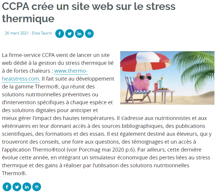 Article Porc Mag nouveau site Thermo - Groupe CCPA - Stress thermique