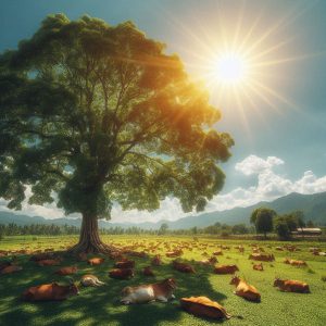 Sunshine with cows under a tree